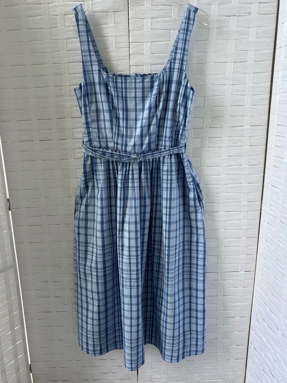 Free Assembly M Blue Plaid Sleeveless Cotton Dress Smocked Square Neck Belted